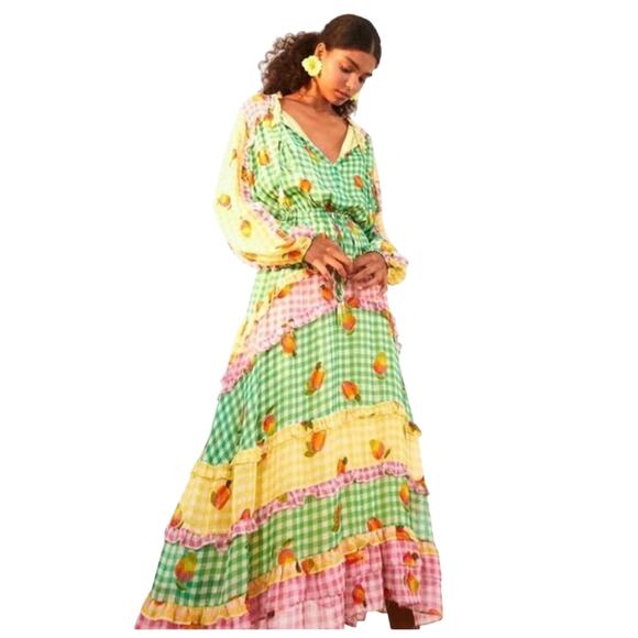 Farm Rio Green Mixed Picnic Ruffle maxi Size Small gingham NWT - Picture 1 of 10